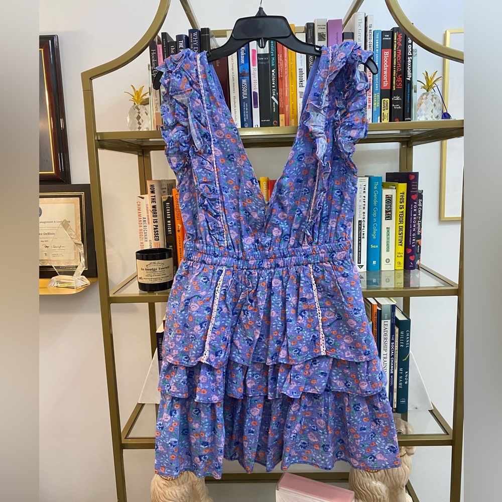 LoveShackFancy Bennett Blue Floral Ruffle Mini Dress